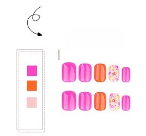 Short square press-on nails featuring pink and orange colors with delicate floral patterns