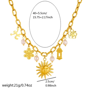 Gold plated stainless steel necklace with sun face pendant and pearls plus dimensions