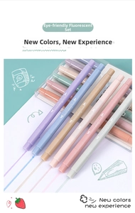 Detail of dual-tip Morandi highlighters in soft pastel colors for student note-taking