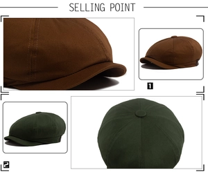 Detailed views of twill cotton newsboy cap showing stitching and top decorative button