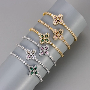 Adjustable cubic zirconia rhombus flower bracelets in gold and silver tennis chain styles