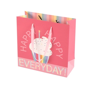 Pink cartoon cupcake paper gift bag with ribbon handles and HAPPY EVERYDAY design