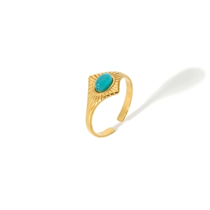 Detail of 18k gold plated stainless steel ring with turquoise stone and radial texture