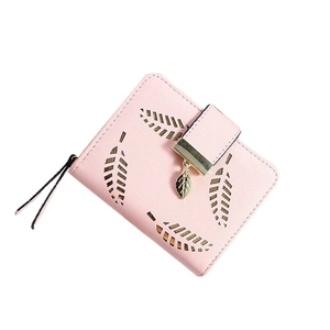 Pink faux leather short wallet for women with hollow leaf design and zipper buckle