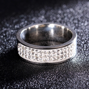 8mm silver titanium steel ring featuring three rows of sparkling crystal rhinestones