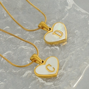 Heart Initial Necklace Stainless Steel Gold Plated Mother Of Artificial Pearl Shell Letter Pendant Snake Chain Women Minimalist