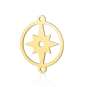 Detail of a golden compass pendant with an eight-pointed star and dual ring attachments