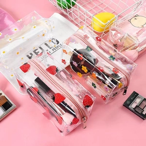 Cute fruit print transparent PVC cosmetic bags with strawberry and daisy designs