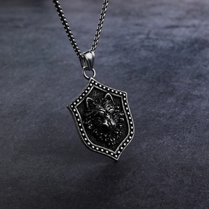 Vintage Nordic wolf shield pendant necklace in silver finish with square pearl chain
