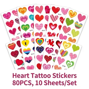 Set of 10 colorful heart tattoo stickers for children featuring 80 pieces of mixed patterns