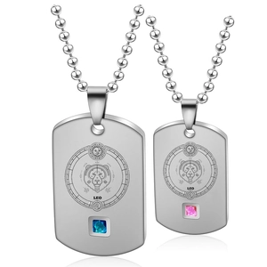 Polished Leo zodiac tag necklaces with blue and pink gems on stainless steel chains