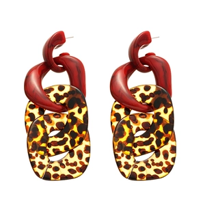 Exaggerated geometric acrylic earrings with red marble and leopard print chain links