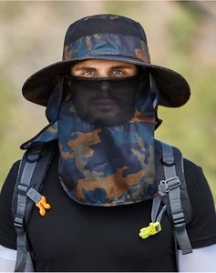 Detail of camouflaged sun hat with breathable mesh face cover for outdoor protection