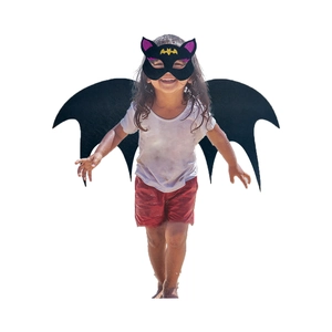 Detail view of black bat wings and cat ear mask for children Halloween cosplay costume