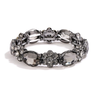 Elastic stretch bracelet featuring smoky grey glass stones and crystal floral accents