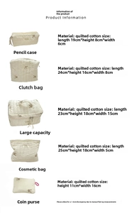 Size chart showing dimensions for cute rabbit embroidered quilted cotton makeup bags