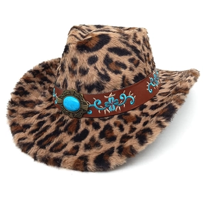 Detail of leopard print faux fur cowboy hat with turquoise belt and floral embroidery