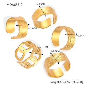 Detailed size and weight chart for five vintage gold-plated titanium steel open rings