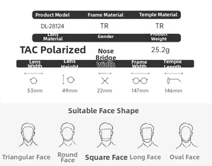 Size chart showing lens width 53mm and frame specifications for cat eye polarized sunglasses