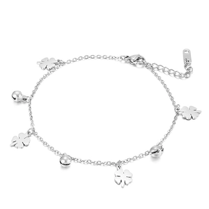 Elegant silver anklet featuring clover charms and bells on a clean white background
