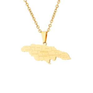 Golden stainless steel Jamaica map necklace featuring engraved parish names on white background