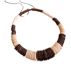 Bohemian long necklace made of handcrafted natural wood and coconut shell beads