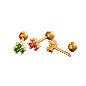 Golden stainless steel cartilage studs set with colorful zircon stones and screw balls