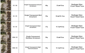 Size chart showing clear acrylic unicorn and reindeer Christmas tree ornaments dimensions