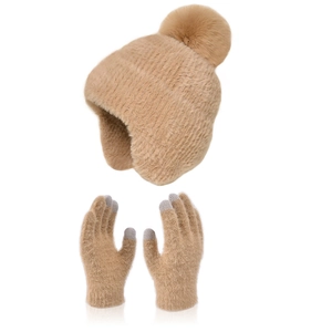 Winter plush knitted hat and touchscreen gloves set with pom-pom in beige fleece