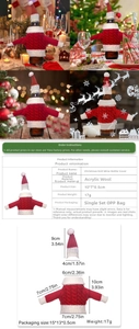 Detailed size chart for red knit Christmas wine bottle cover with hat and sweater specs