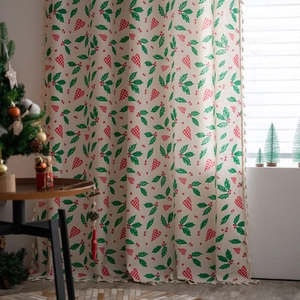 Beige Christmas curtain with heart and holly leaf patterns and elegant tassel trim