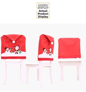 Detailed views of red Christmas chair covers with festive Santa and Snowman prints