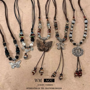 Butterfly Pendant Necklace With Alloy Ceramic Wood Beads Woven Rope Chain Ethnic Vintage Jewelry For Women