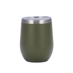 Close-up of matte dark green 12oz stainless steel wine tumbler with clear lid
