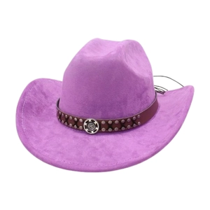 Detail of purple western cowboy hat featuring studded leather band and silver metal badge