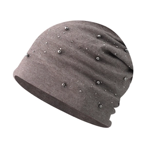 Women Knitted Slouchy Beanie Hat Studded Metal Beads Faux Artificial Pearls Winter Warm Elastic Soft Pullover Cap Outdoor Casual