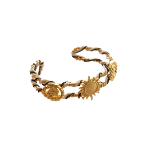Woven tricolor open cuff bracelet with golden sun badge and camellia flower emblem