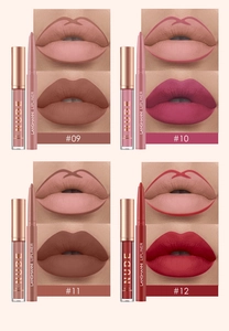 Four shades of matte liquid lipstick and lipliner sets featuring nude tones from #09 to #12