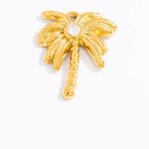 Golden palm tree pendant with a sparkling zircon inlay on a minimalist white background