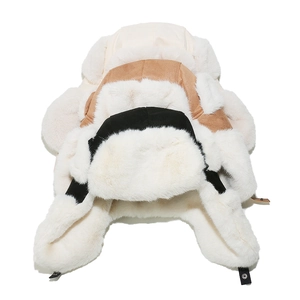 Three stacked winter trapper hats in cream, camel, and black with thick fleece lining