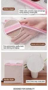 Detail of fine mesh laundry bag featuring hidden pink zipper and durable polyester weave