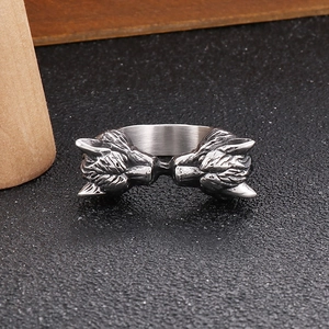Close-up of vintage wolf head ring in antique silver finish with detailed wolf engravings