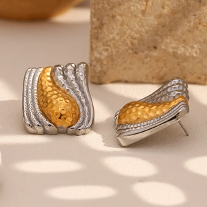 Two-tone 18K gold plated stainless steel geometric earrings with hammered texture