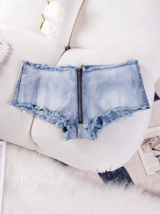Damen Sexy Low Waist Denim Micro Shorts Distressed Baumwolle Ausgefranster Saum Hot Pants Mit Metallreißverschluss Hellblau