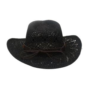 Cappello da cowboy in paglia nera con trama traforata e cinturino decorativo in pelle marrone