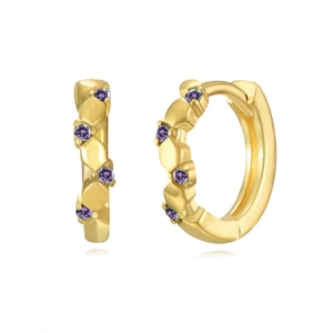 Detailed view of gold hoop earrings featuring multi-faceted purple zircon gemstones