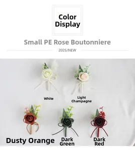 Macro view of five colorful PE rose boutonnieres with delicate ribbons and berries