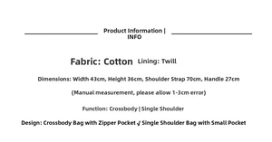 Size guide for plaid canvas tote showing 43x36 cm dimensions and cotton fabric details