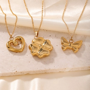 Gold stainless steel necklaces with hollow heart, flower, and butterfly charms on stone