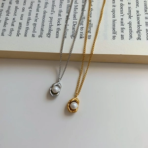Stainless Steel Pendant Necklace Irregular Geometric Metal With Artificial Pearl Minimalist French Style Jewelry For Women
